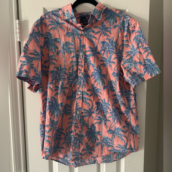 Vineyard Vines Shirt Mens L Pink Blue Palm Button Up Slim Fit Whale Short Sleeve - Picture 1 of 2